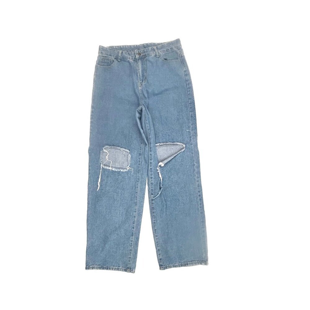 Shein Wide Leg Distressed‎ Women's size L Medium Blue Denim Jeans